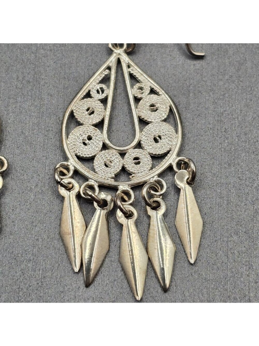 Vintage Sterling Silver Filigree Chandelier Earrings 1.75" Bali Drop Dangle - Picture 3 of 9